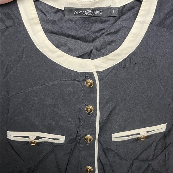 Alice & Trixie Silk Black Cream Contrast Gold Button Blouse Small - Picture 3 of 5